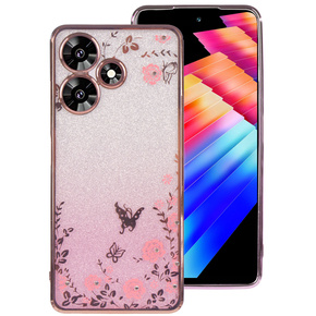 Калъф за Infinix Hot 30, Glitter Flower, розов rose gold