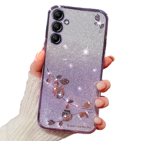 Калъф за Samsung Galaxy A15, Glitter Flower, лилав + 9H стъкло