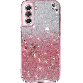 Калъф за Samsung Galaxy S21 FE, Glitter Flower, розов rose gold