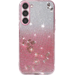 Калъф за Samsung Galaxy S23+ Plus, Glitter Flower, розов rose gold