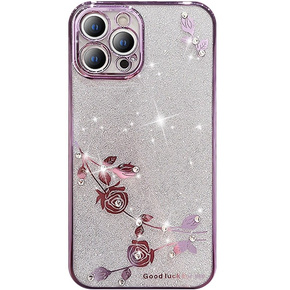 Калъф за iPhone 14 Pro, Glitter Flower, лилав