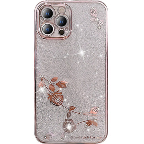 Калъф за iPhone 14 Pro, Glitter Flower, розов rose gold