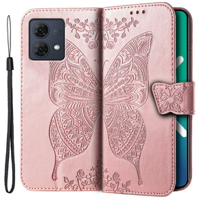 Калъф с капак за Motorola Moto G84, Butterfly, розов rose gold