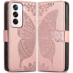 Калъф с капак за Oppo Reno 12 Pro, Butterfly, розов rose gold