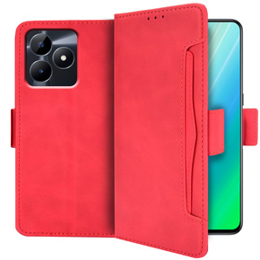 Калъф с капак за Realme C51, Card Slot, червен