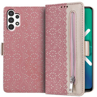 Калъф с капак за Samsung Galaxy A13 4G, Wallet Pocket Zipper Lace, розов