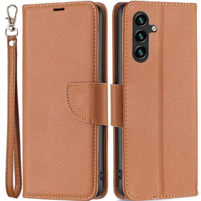 Калъф с капак за Samsung Galaxy A15, Wallet Litchi Leather, кафяв + 9H стъкло