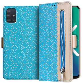 Калъф с капак за Samsung Galaxy A51, Wallet Pocket Zipper Lace, син