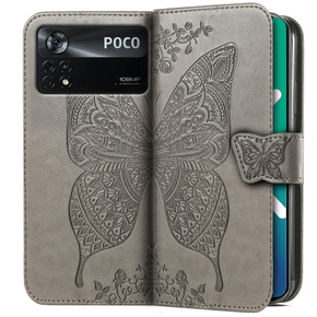 Калъф с капак за Xiaomi Poco X4 Pro 5G, Butterfly, сив