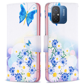 Калъф с капак за Xiaomi Redmi 12C, butterfly and flowers, бял