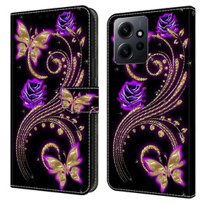 Калъф с капак за Xiaomi Redmi Note 12 4G, Wallet, flowers & butterfly, бял