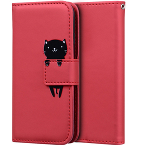 Калъф с капак за Xiaomi Redmi Note 8 Pro, Wallet Cat, червен