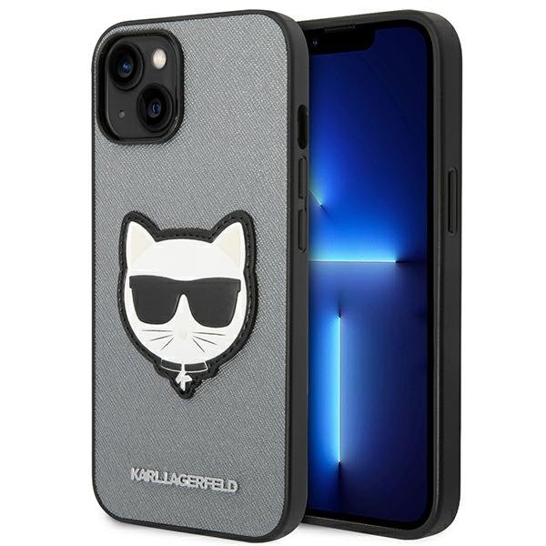 Калъфи Karl Lagerfeld за iPhone 14 Plus, Saffiano Choupette Head Patch, сребърен