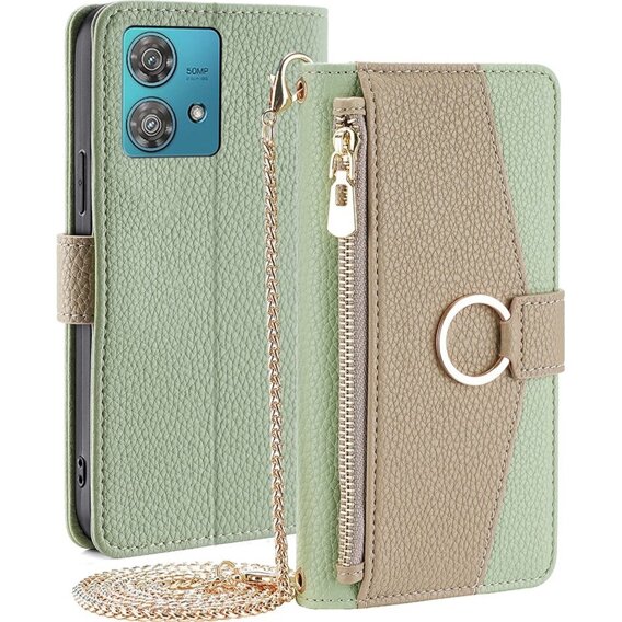 Калъфът с цип Wallet Zipper Pocket за Motorola Edge 40 Neo 5G, Wallet Zipper Pocket, с огледало, зелен