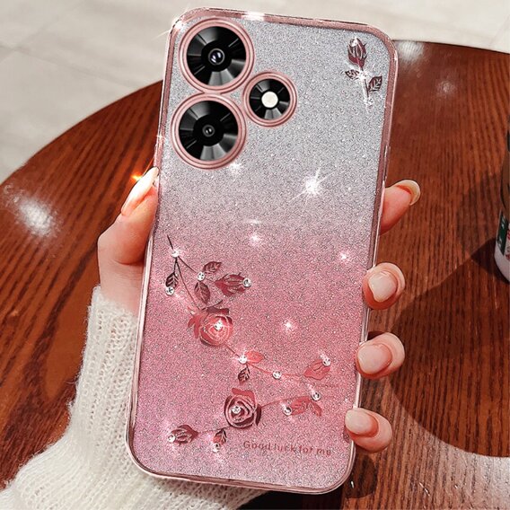 Калъф за Infinix Hot 30i, Glitter Flower, розов rose gold