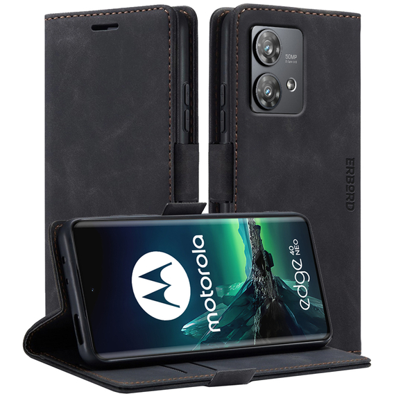 Калъф за Motorola Edge 40 Neo, ERBORD Vintage, портфейл с капак, черен