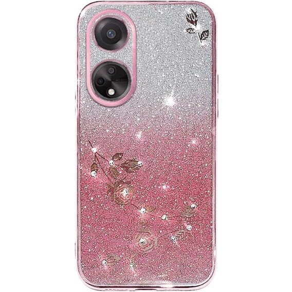 Калъф за Oppo A78 4G, Glitter Flower, розов rose gold