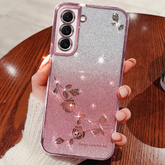 Калъф за Samsung Galaxy S22, Glitter Flower, розов rose gold