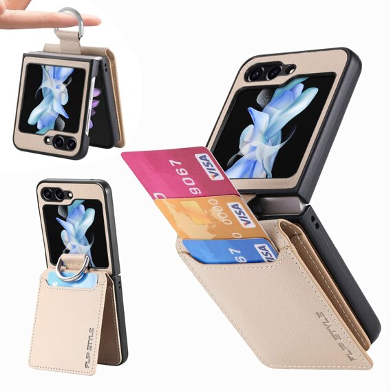 Калъф за Samsung Galaxy Z Flip6 5G, Card Slot Ring Case, бежов