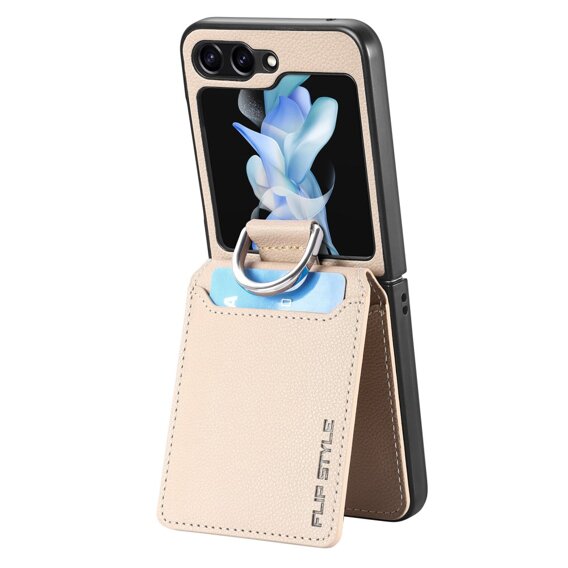 Калъф за Samsung Galaxy Z Flip6 5G, Card Slot Ring Case, бежов