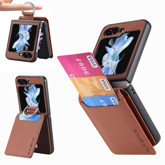 Калъф за Samsung Galaxy Z Flip6 5G, Card Slot Ring Case, кафяв