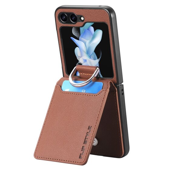 Калъф за Samsung Galaxy Z Flip6 5G, Card Slot Ring Case, кафяв