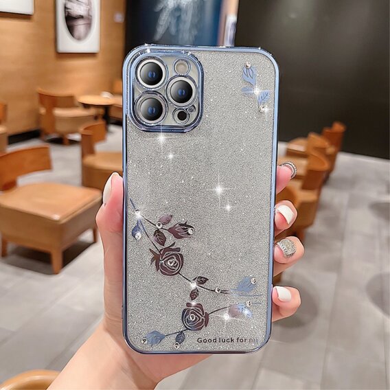 Калъф за iPhone 12 Pro, Glitter Flower, син