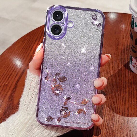 Калъф за iPhone 16, Glitter Flower, лилав