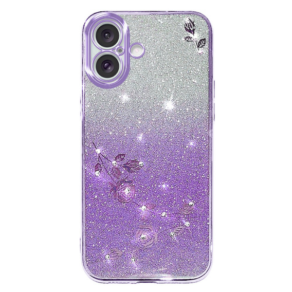 Калъф за iPhone 16, Glitter Flower, лилав