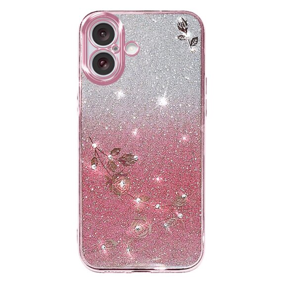 Калъф за iPhone 16, Glitter Flower, розов rose gold