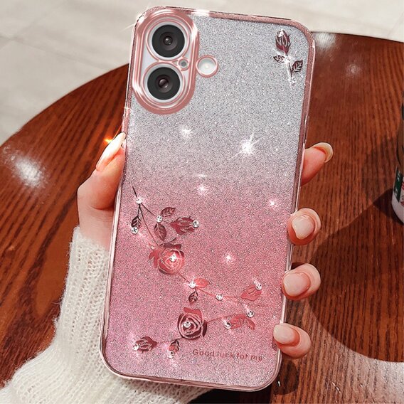 Калъф за iPhone 16, Glitter Flower, розов rose gold