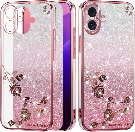 Калъф за iPhone 16, Glitter Flower, розов rose gold