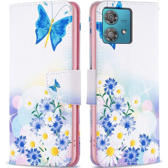 Калъф с капак за Motorola Edge 40 Neo, Wallet, butterfly & flowers, бял