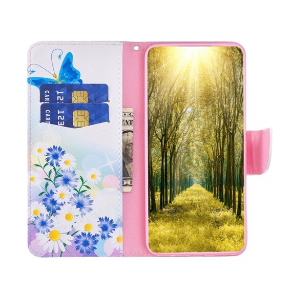 Калъф с капак за Motorola Edge 40 Neo, Wallet, butterfly & flowers, бял