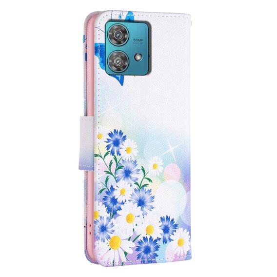 Калъф с капак за Motorola Edge 40 Neo, Wallet, butterfly & flowers, бял