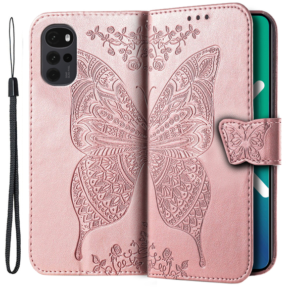 Калъф с капак за Motorola Moto G22, Butterfly, розов rose gold