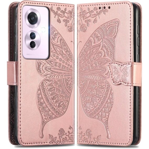 Калъф с капак за Oppo Reno 11F 5G, Butterfly, розов rose gold