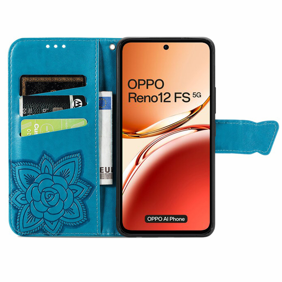 Калъф с капак за Oppo Reno 12FS / 12F, Butterfly, син