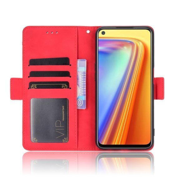 Калъф с капак за Realme 7, Card Slot, червен