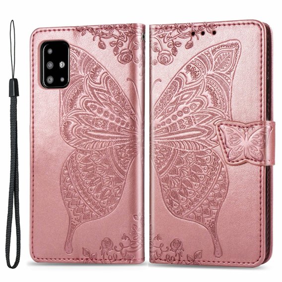 Калъф с капак за Samsung Galaxy A51 4G, Butterfly, розов rose gold