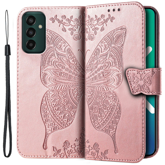 Калъф с капак за Samsung Galaxy M13, Butterfly, розов rose gold