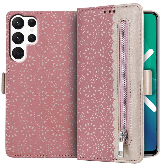 Калъф с капак за Samsung Galaxy S22 Ultra 5G, Wallet Pocket Zipper Lace, розов