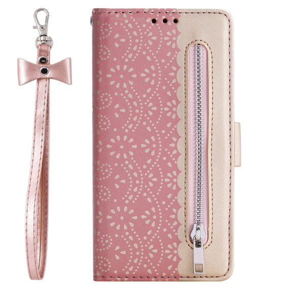 Калъф с капак за Samsung Galaxy S22 Ultra 5G, Wallet Pocket Zipper Lace, розов