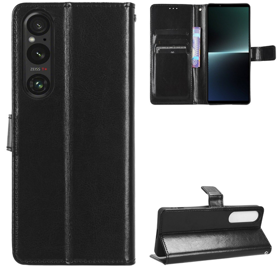 Калъф с капак за Sony Xperia 1 V, Crazy Horse Wallet, черен