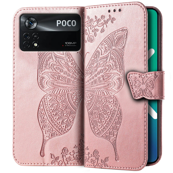 Калъф с капак за Xiaomi Poco X4 Pro 5G, Butterfly, розов rose gold