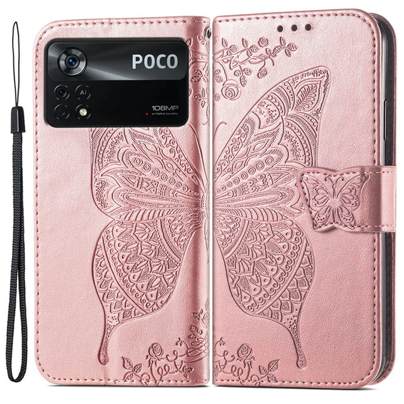 Калъф с капак за Xiaomi Poco X4 Pro 5G, Butterfly, розов rose gold