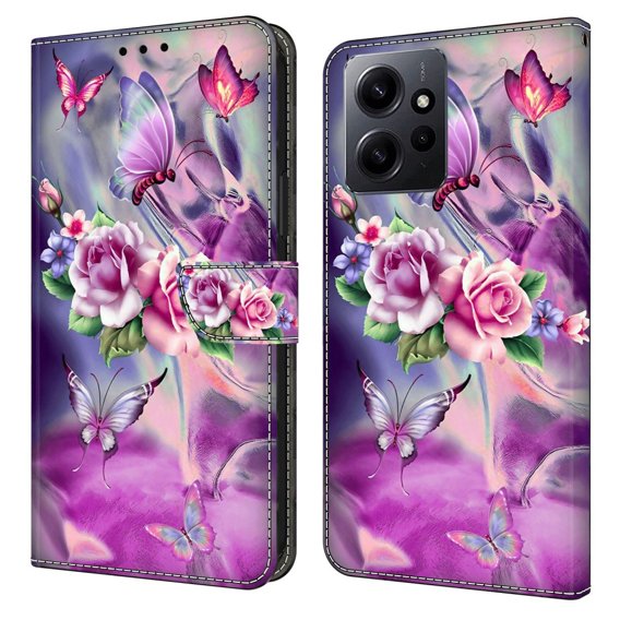 Калъф с капак за Xiaomi Redmi Note 12 4G, Wallet, butterfly & Flowers, син