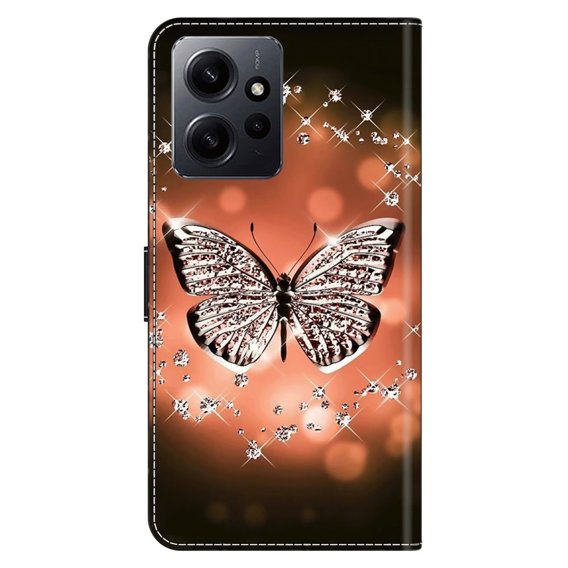 Калъф с капак за Xiaomi Redmi Note 12 4G, Wallet, butterfly and crystals, черен