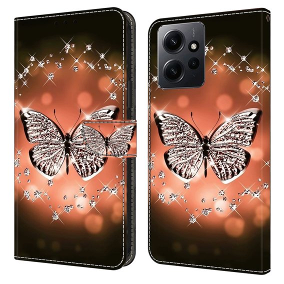 Калъф с капак за Xiaomi Redmi Note 12 4G, Wallet, butterfly and crystals, черен