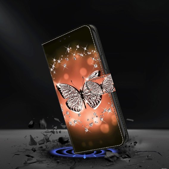 Калъф с капак за Xiaomi Redmi Note 12 4G, Wallet, butterfly and crystals, черен